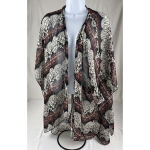 INTERI WOMENS SMALL BOHO KIMONO CARDIGAN LACE PRINT OPEN FRONT 3/4 SLEEVE LIGHTW